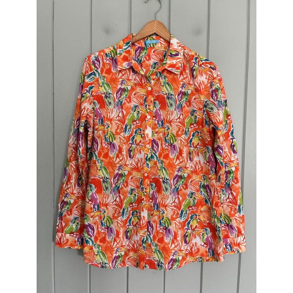 J. McLaughlin Vibrant Toucan Bird Cotton Button Up Shirt Top M Medium Orange